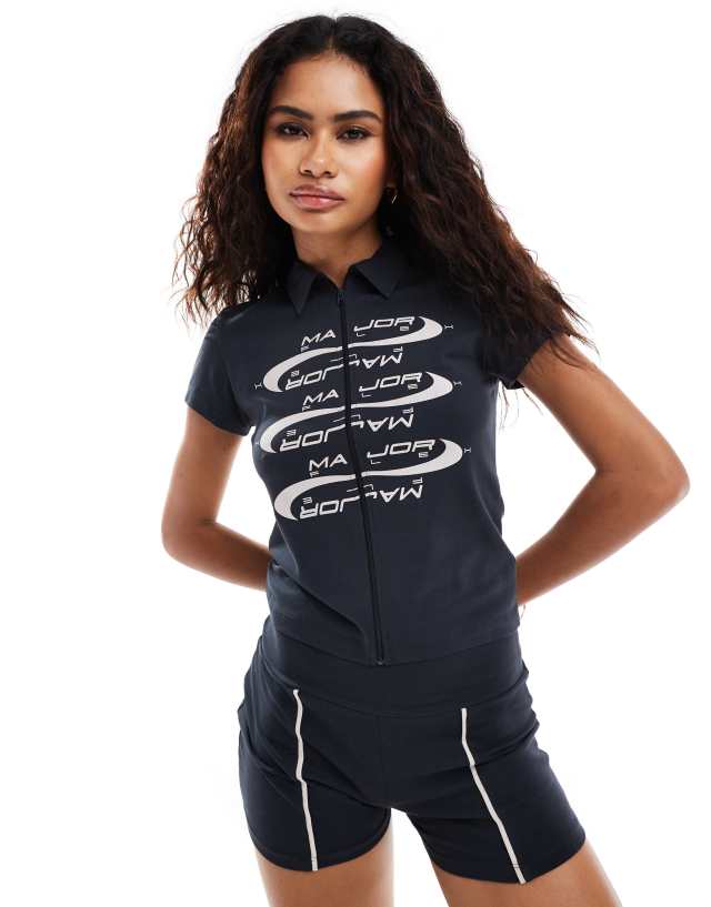 Collusion - zip through polo top co-ord with motocross sprint in navy