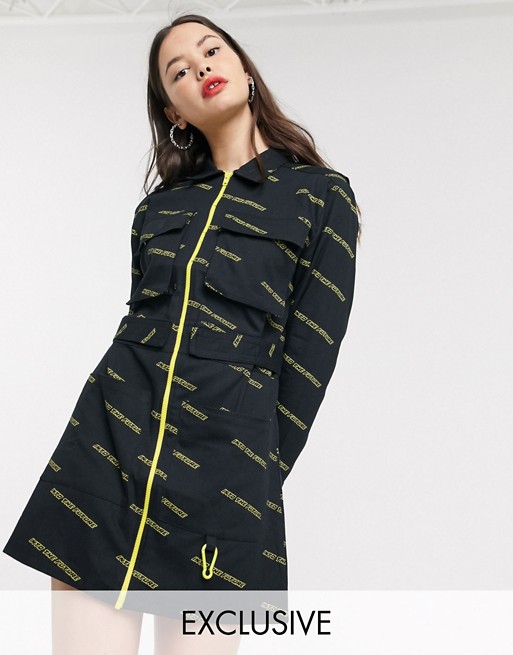 COLLUSION zip through shirt dress with typo print and pockets
