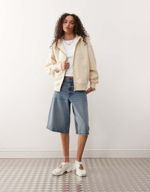 COLLUSION zip up boxy hoodie in almond