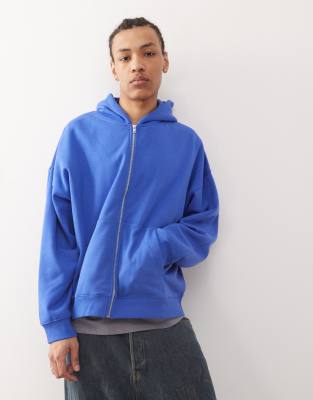 zip up boxy hoodie in blue