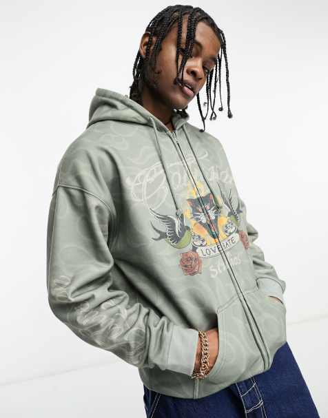 COLLUSION zip up hoodie with tattoo print in washed green - view 1