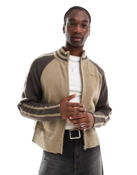 COLLUSION zip up knit rugby sweater in brown - view 1