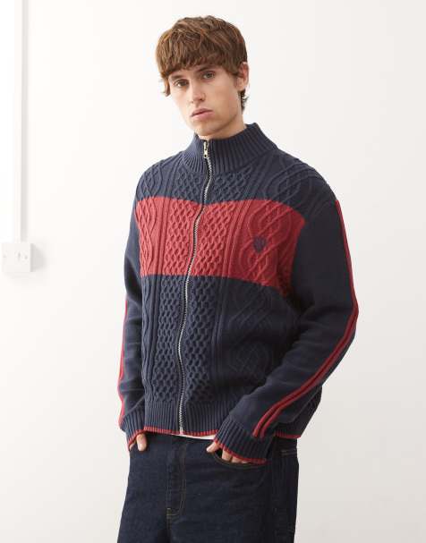 COLLUSION Zip up knit sports top in blue and red - view 1