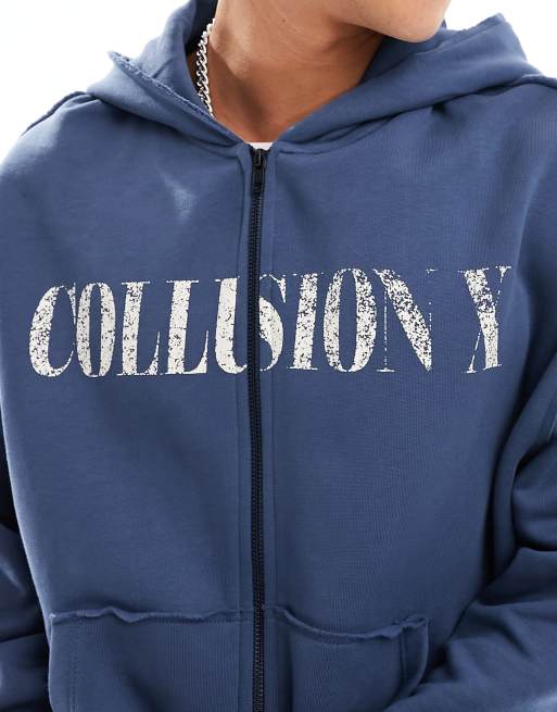 COLLUSION zip up logo hoodie in blue