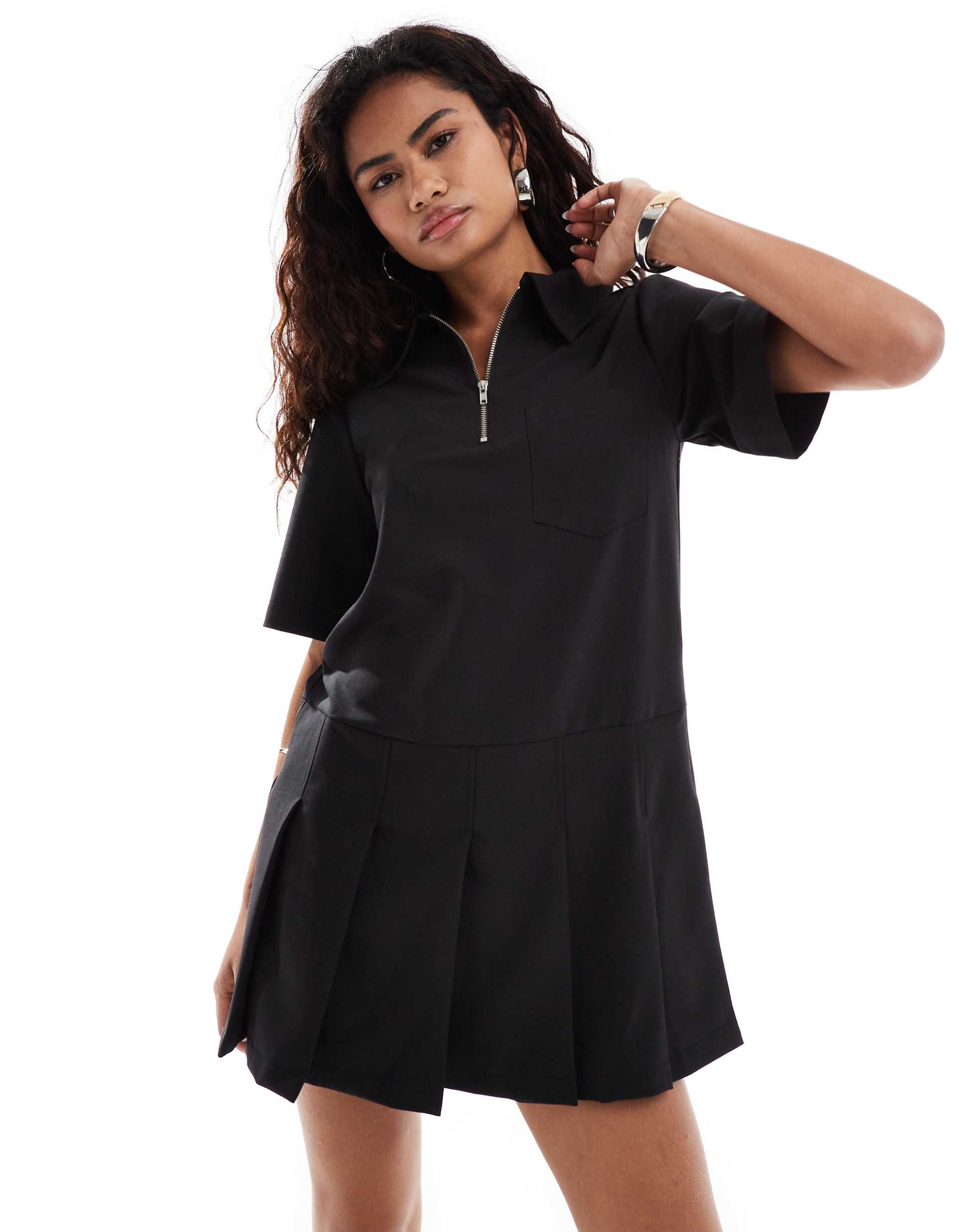 collusion zip up tennis dress in black