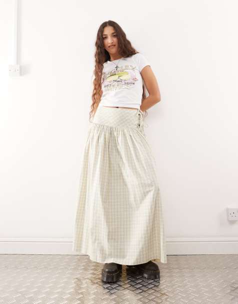 COLLUSION drop waist print maxi skirt in yellow check