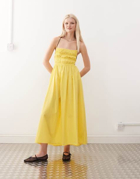 COLLUSION ruched thin strap maxi dress in yellow stripe