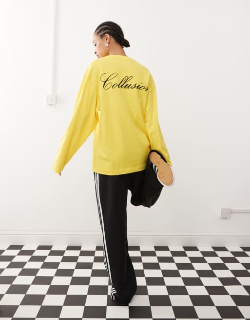 COLLUSION – Żółty T-shirt oversize z długim rękawem i haftowanym wzorem, 2 z 4