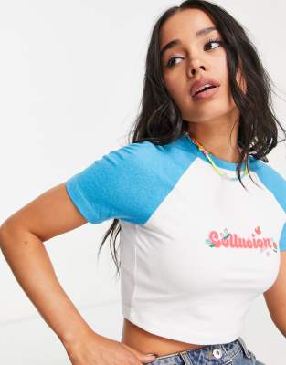 COLLUSON - T-Shirt mit Markenzeichen und Raglanärmeln in Aqua-Bunt