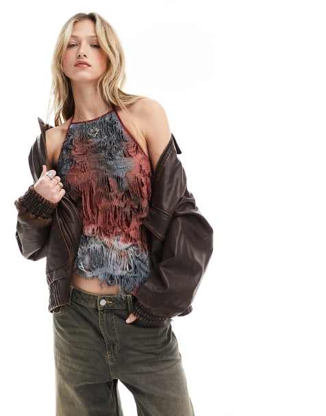 COLLUSUON – Kolorowy fakturowany top z dekoltem halter - view 1