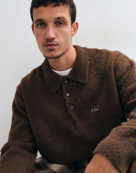 Colt aegean relaxed fit long sleeve knitted polo shirt in chocolate brown