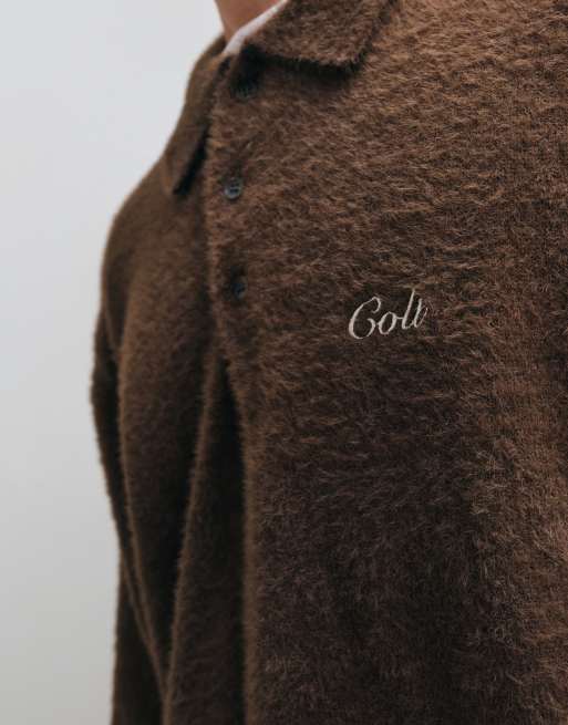 Colt aegean relaxed fit long sleeve knitted polo shirt in chocolate brown, 2 of 5