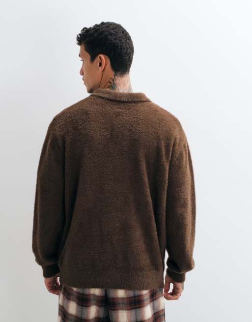 Colt aegean relaxed fit long sleeve knitted polo shirt in chocolate brown, 3 of 5