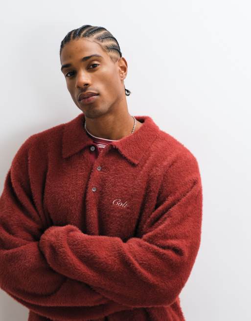 Colt aegean relaxed fit long sleeve knitted polo shirt in red, 3 of 5