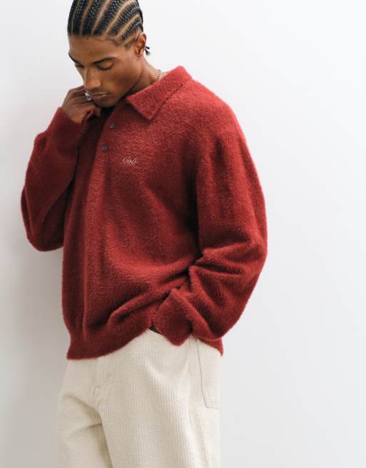Colt aegean relaxed fit long sleeve knitted polo shirt in red, 5 of 5