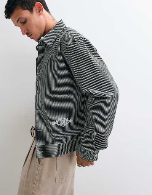 Colt boxy fit button up chore jacket in navy pinstripe, 5 of 5