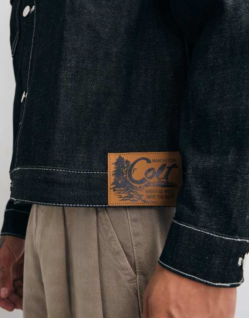 Colt boxy fit contrast stitch selvedge denim jacket in black wash, 3 of 5