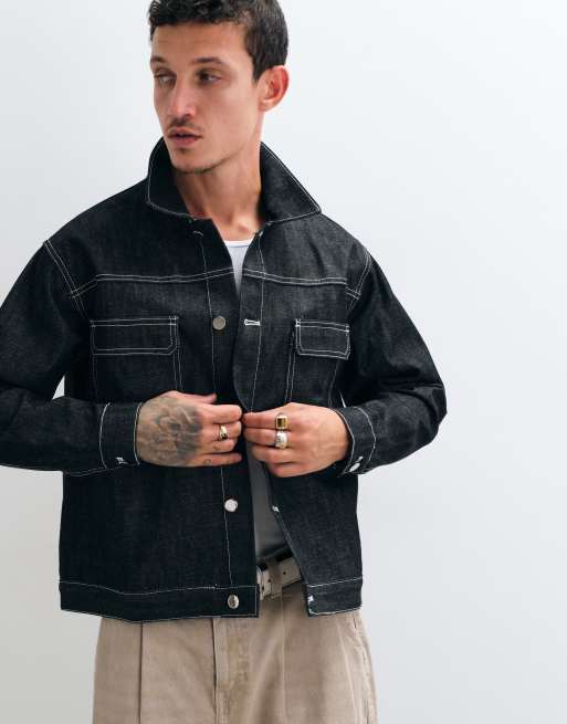 Colt boxy fit contrast stitch selvedge denim jacket in black wash, 5 of 5