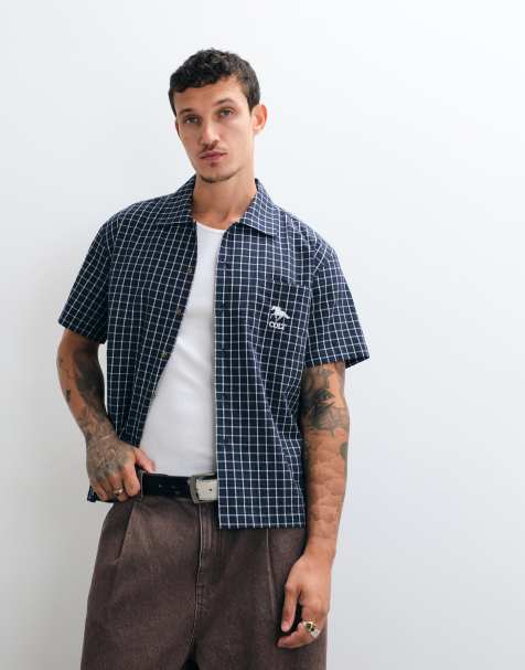 Colt grid boxy fit pocket logo button up shirt in navy check - view 1