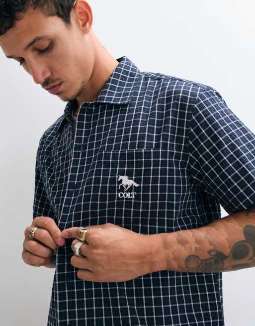 Colt grid boxy fit pocket logo button up shirt in navy check, 2 of 5