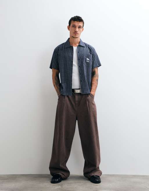 Colt grid boxy fit pocket logo button up shirt in navy check, 3 of 5