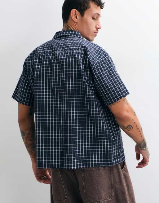 Colt grid boxy fit pocket logo button up shirt in navy check, 4 of 5