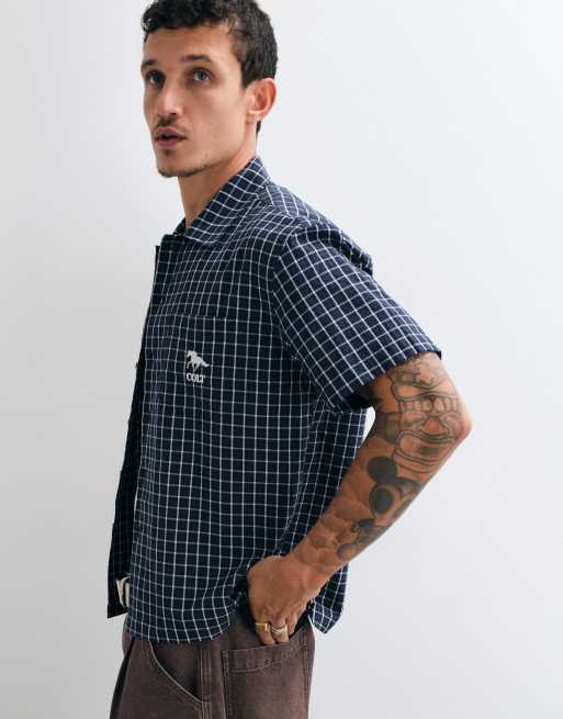 Colt grid boxy fit pocket logo button up shirt in navy check, 5 of 5