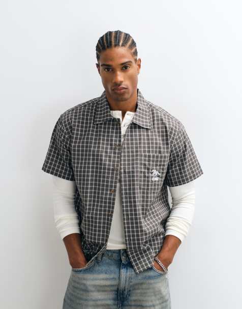 Colt grid boxy fit pocket logo button up shirt in olive check - view 1