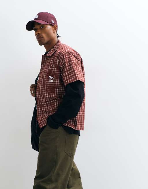 Colt grid boxy fit pocket logo button up shirt in red check, 3 of 5