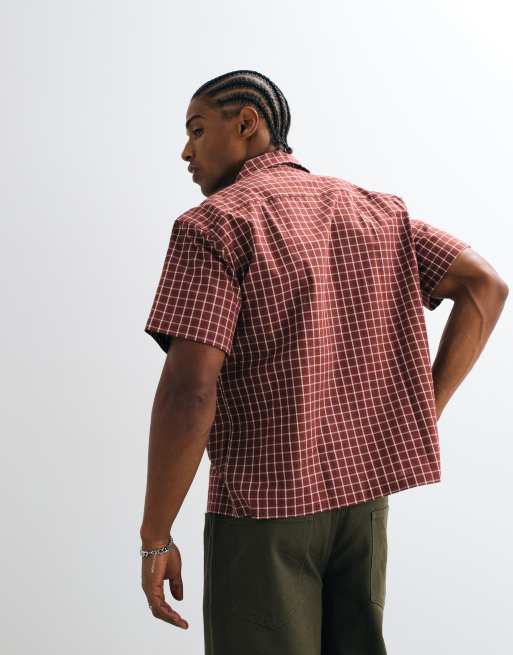 Colt grid boxy fit pocket logo button up shirt in red check, 4 of 5