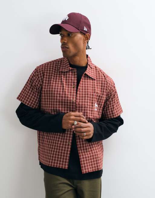 Colt grid boxy fit pocket logo button up shirt in red check, 5 of 5