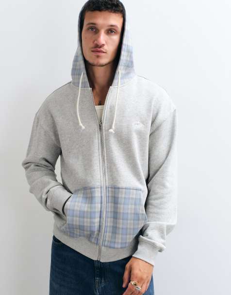 Colt heavyweight regular fit contrast gingham zip through hoodie in grey & blue - view 1