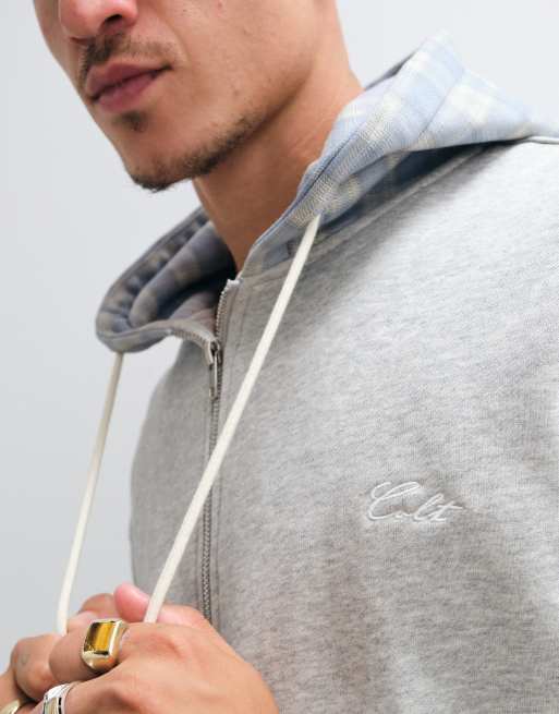 Colt heavyweight regular fit contrast gingham zip through hoodie in grey & blue, 2 of 5