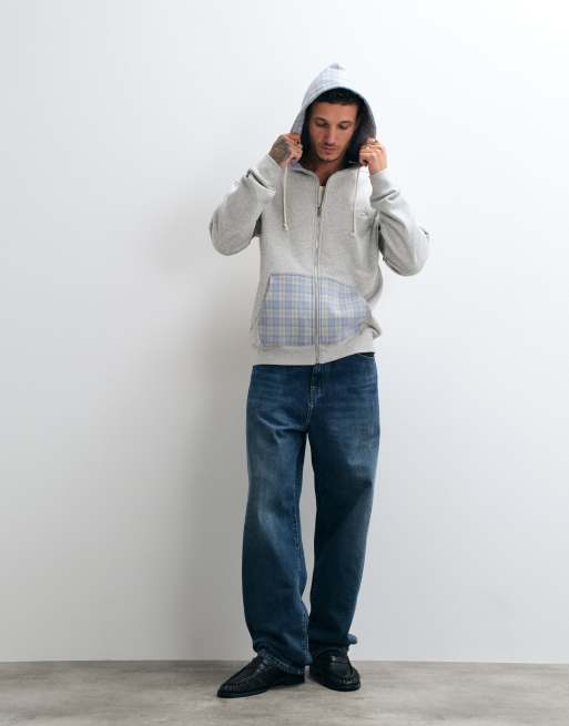 Colt heavyweight regular fit contrast gingham zip through hoodie in grey & blue, 3 of 5