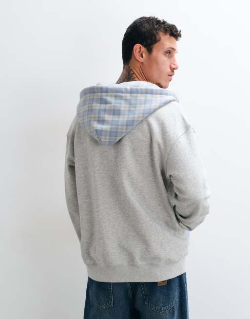 Colt heavyweight regular fit contrast gingham zip through hoodie in grey & blue, 4 of 5