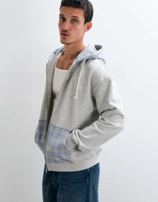 Colt heavyweight regular fit contrast gingham zip through hoodie in grey & blue, 5 of 5