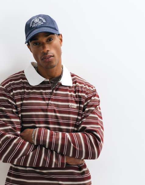 Colt long sleeve contrast collar striped rugby polo shirt in burgundy - view 1