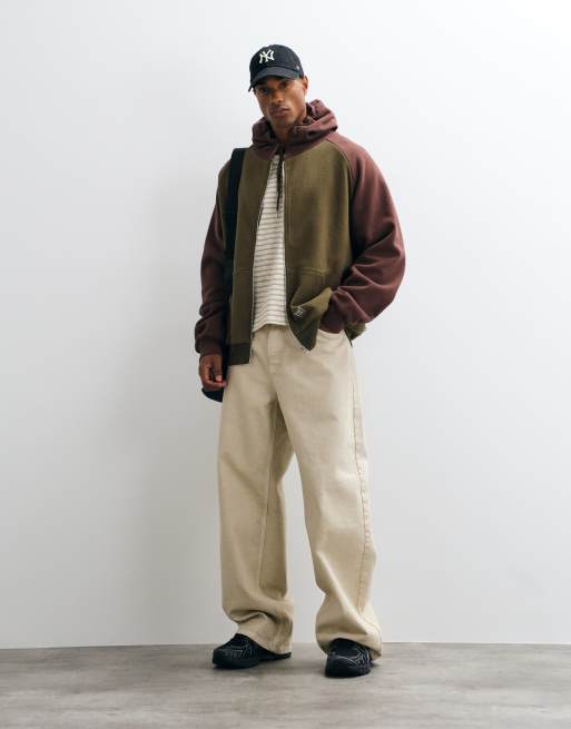 Colt oversized heavyweight raglan sleeve zip through hoodie in brown & green, 2 of 5