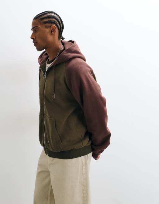 Colt oversized heavyweight raglan sleeve zip through hoodie in brown & green, 3 of 5