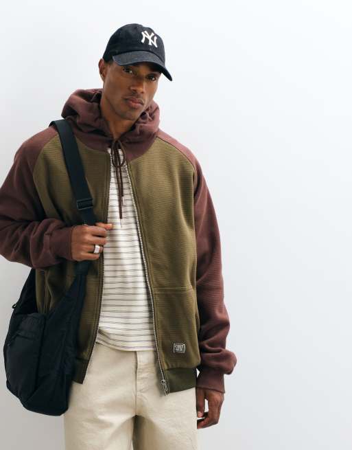Colt oversized heavyweight raglan sleeve zip through hoodie in brown & green, 4 of 5