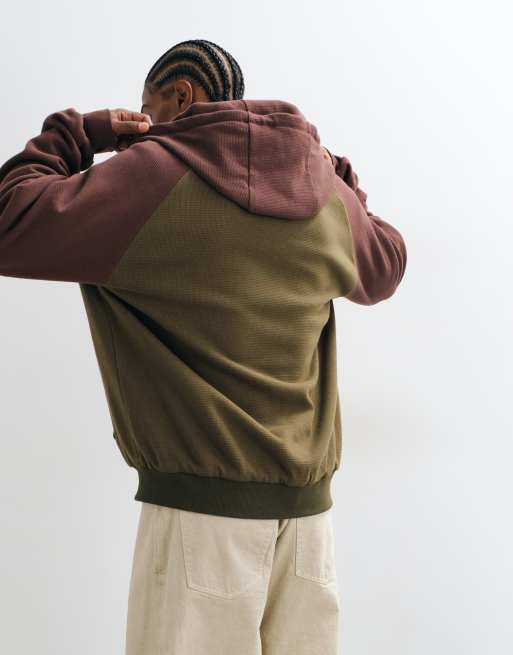 Colt oversized heavyweight raglan sleeve zip through hoodie in brown & green, 5 of 5