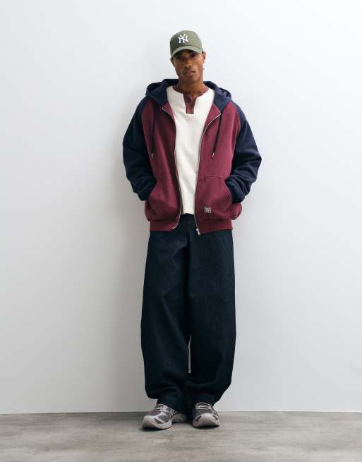 Colt oversized heavyweight raglan sleeve zip through hoodie in burgundy & navy, 2 of 5