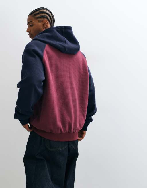 Colt oversized heavyweight raglan sleeve zip through hoodie in burgundy & navy, 3 of 5