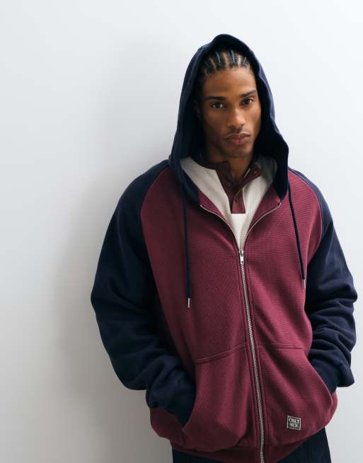 Colt oversized heavyweight raglan sleeve zip through hoodie in burgundy & navy, 4 of 5