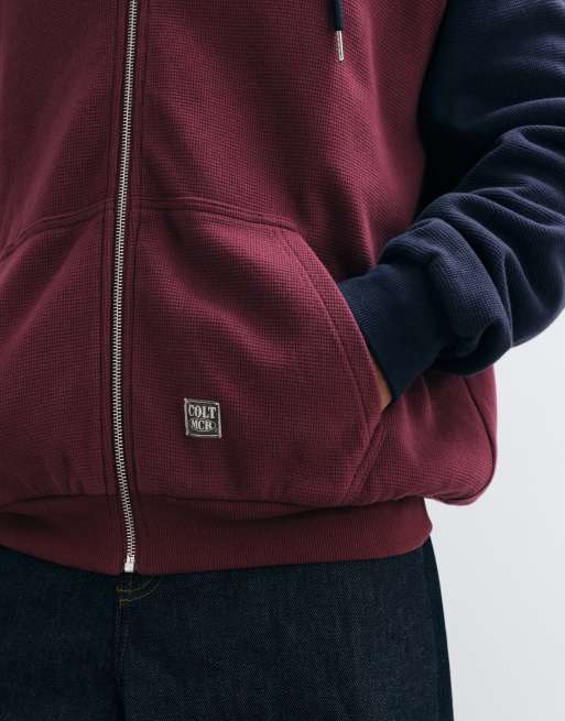 Colt oversized heavyweight raglan sleeve zip through hoodie in burgundy & navy, 5 of 5