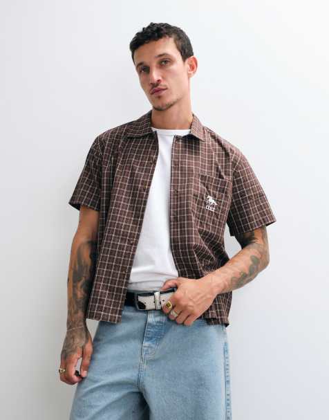 Colt rambler boxy fit pocket logo button up shirt in brown check - view 1
