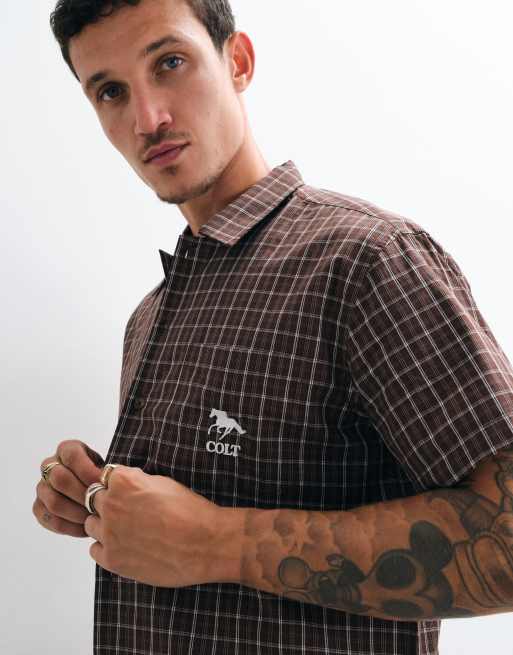 Colt rambler boxy fit pocket logo button up shirt in brown check, 2 of 5