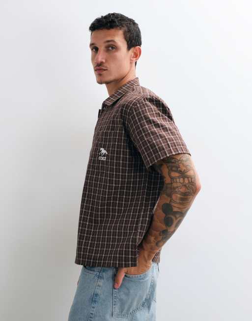 Colt rambler boxy fit pocket logo button up shirt in brown check, 5 of 5