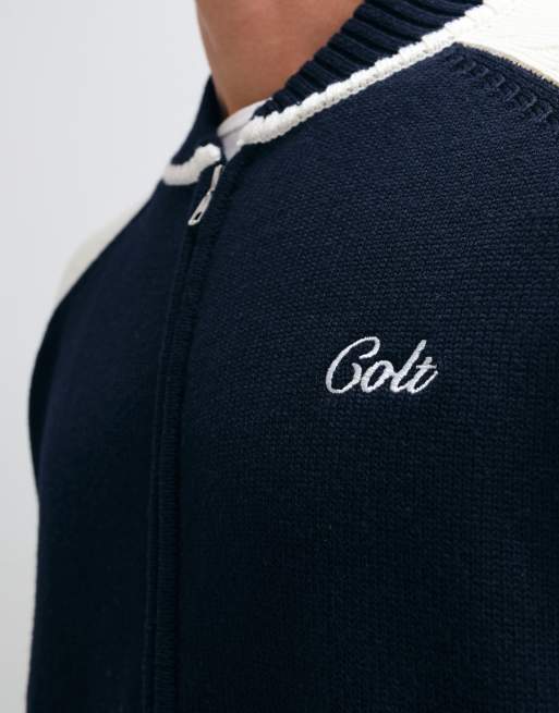 Colt relaxed fit raglan sleeve knitted track jacket in navy & cream, 2 of 5