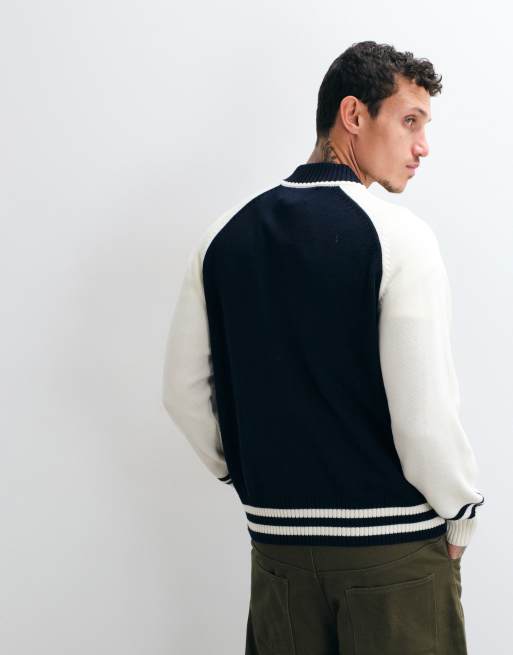 Colt relaxed fit raglan sleeve knitted track jacket in navy & cream, 5 of 5
